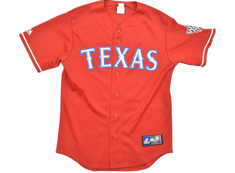 Majestic Texas Rangers Red World Series Jersey Size M Beer #30 Stiched Stained